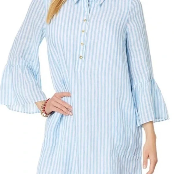 Lilly Pulitzer Jazmyn 3/4 Sleeve Linen Tunic Dress Women's Dress Lunar Blue Bimini Stripe : 4